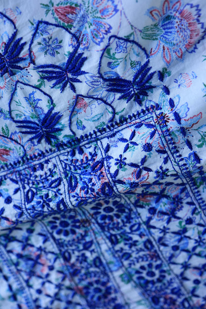 Blue Floral Cotton Kurta Fabric with Chikankari Embroidered Neckline