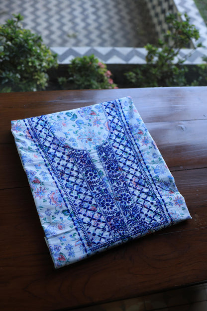 Blue Floral Cotton Kurta Fabric with Chikankari Embroidered Neckline