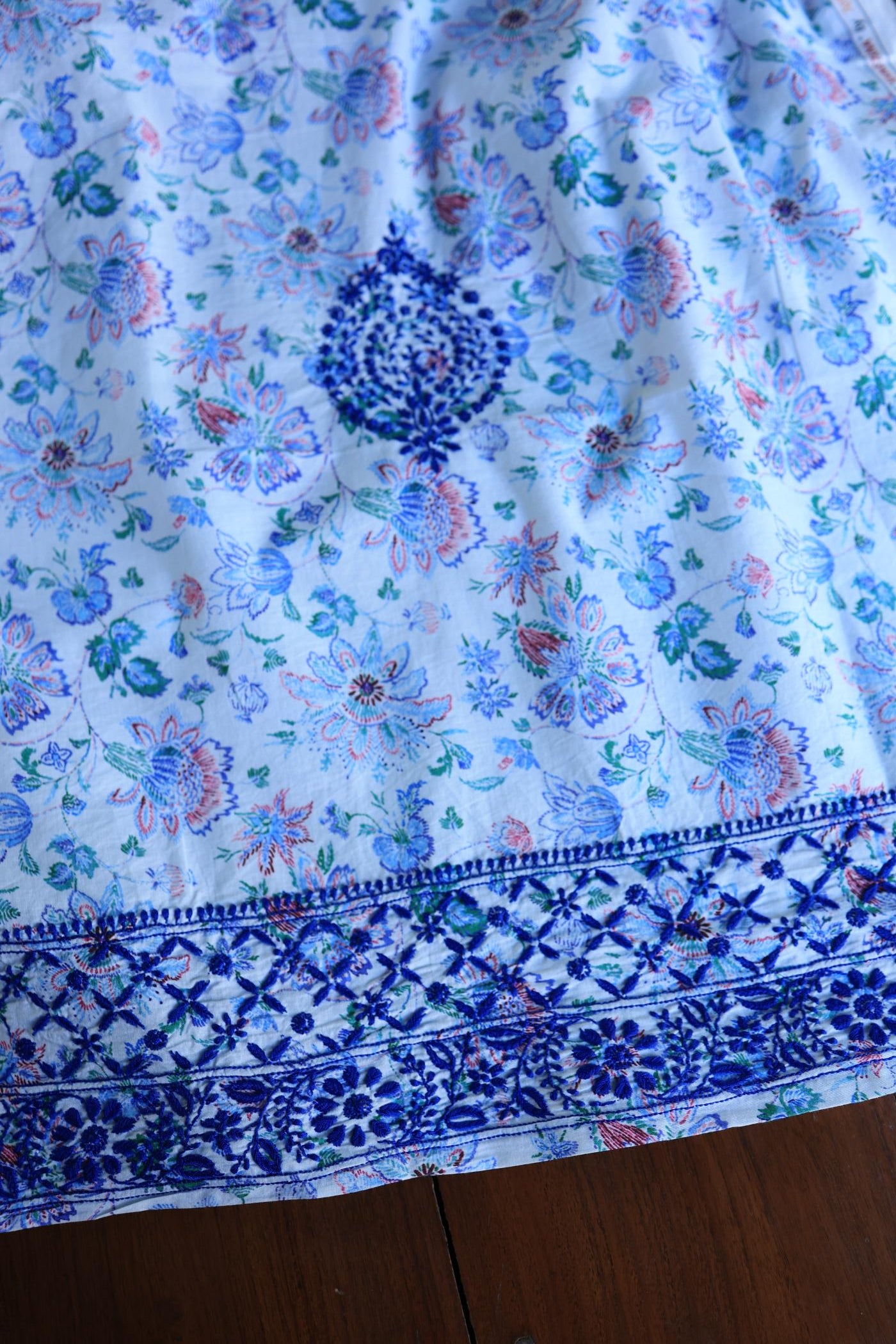 Blue Floral Cotton Kurta Fabric with Chikankari Embroidered Neckline