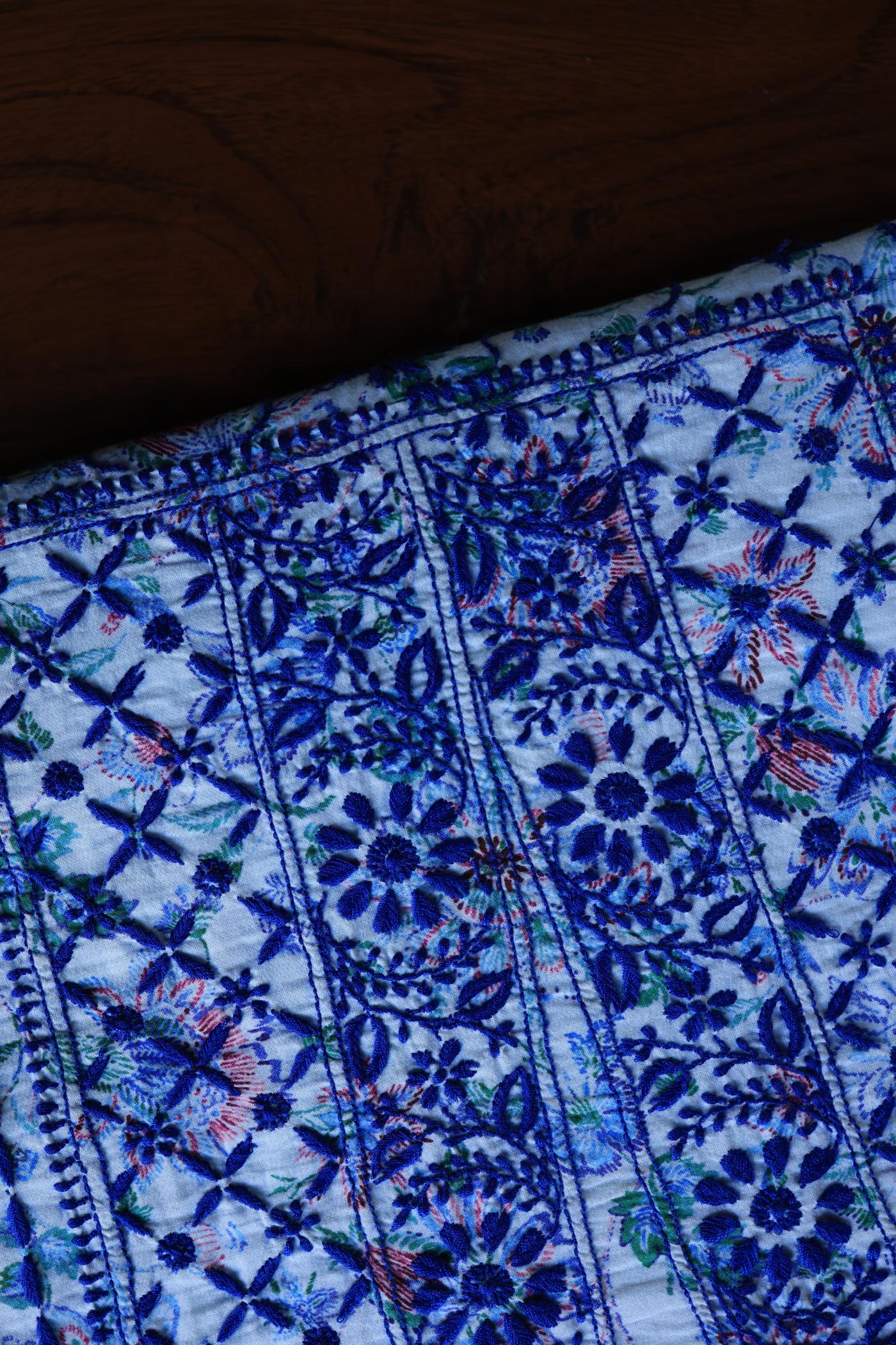 Blue Floral Cotton Kurta Fabric with Chikankari Embroidered Neckline