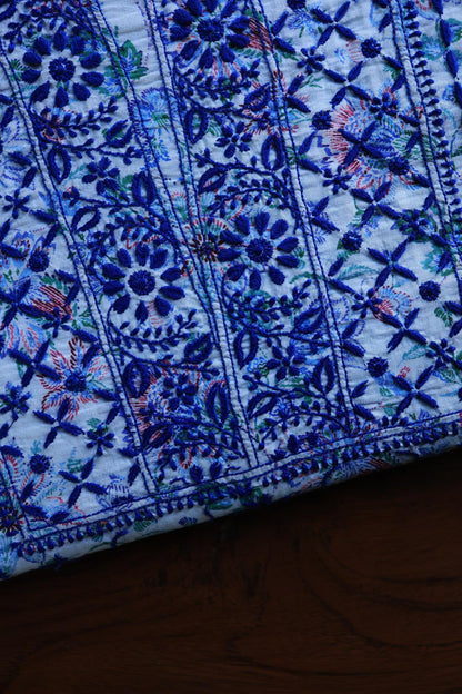 Blue Floral Cotton Kurta Fabric with Chikankari Embroidered Neckline