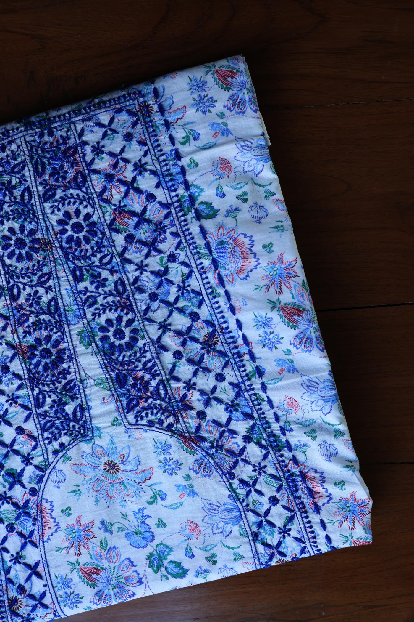 Blue Floral Cotton Kurta Fabric with Chikankari Embroidered Neckline