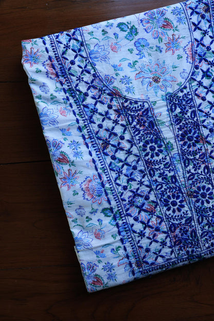 Blue Floral Cotton Kurta Fabric with Chikankari Embroidered Neckline