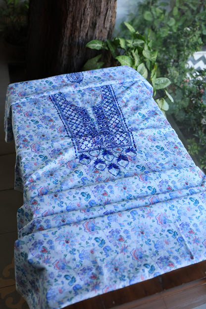 Blue Floral Cotton Kurta Fabric with Chikankari Embroidered Neckline
