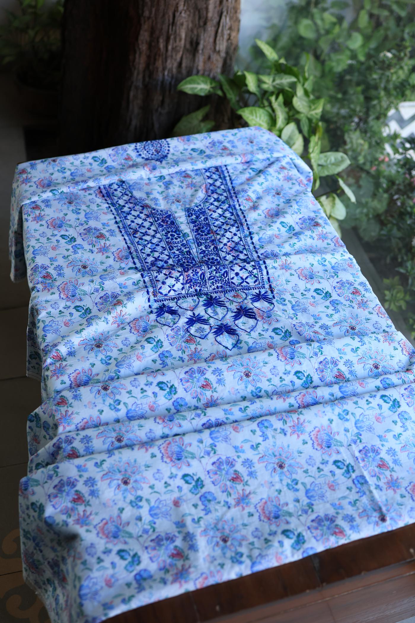 Blue Floral Cotton Kurta Fabric with Chikankari Embroidered Neckline