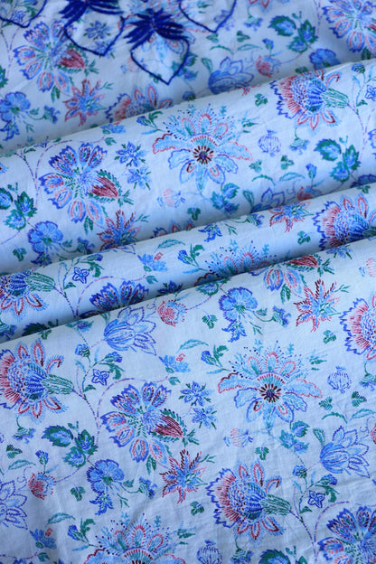 Blue Floral Cotton Kurta Fabric with Chikankari Embroidered Neckline