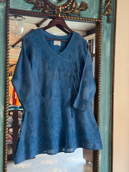 Blue Kota Chikankari Embroidered Short Angarkha Style Top