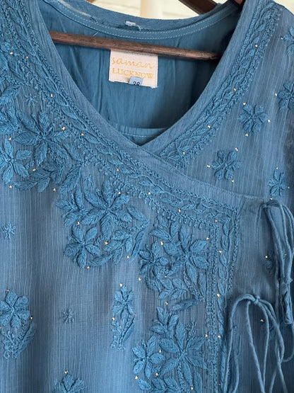 Blue Kota Chikankari Embroidered Short Angarkha Style Top
