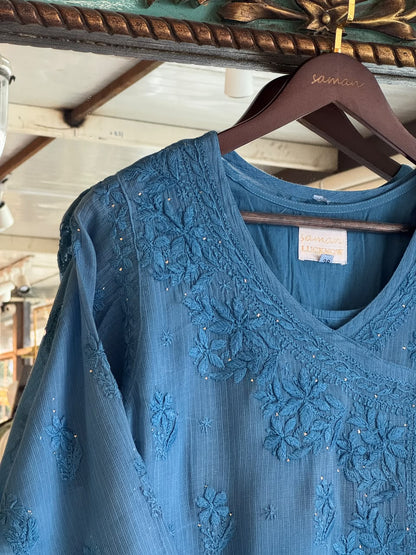 Blue Kota Chikankari Embroidered Short Angarkha Style Top