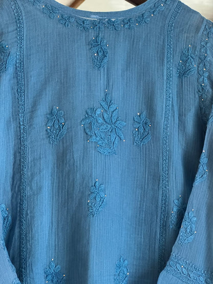 Blue Kota Chikankari Embroidered Short Angarkha Style Top