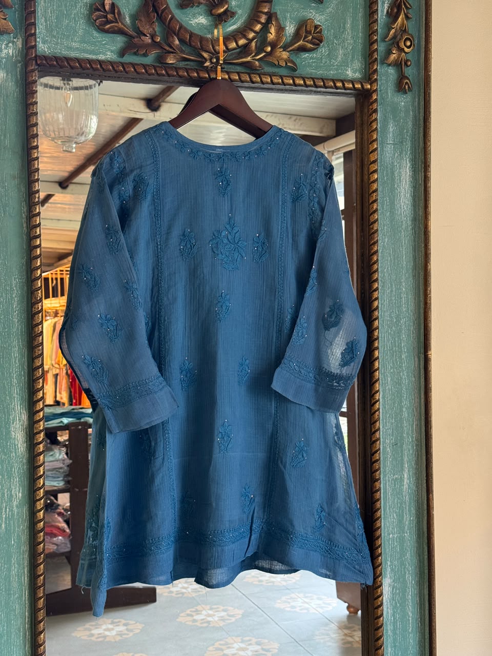 Blue Kota Chikankari Embroidered Short Angarkha Style Top