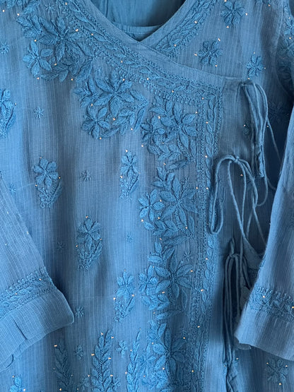 Blue Kota Chikankari Embroidered Short Angarkha Style Top