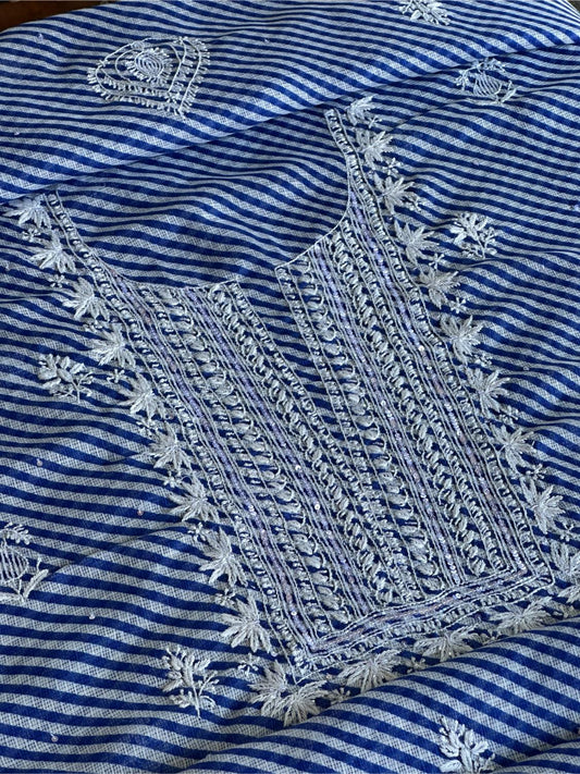 Blue Kota Lehriya Print Chikankari Unstitched Women's Kurta Fabric