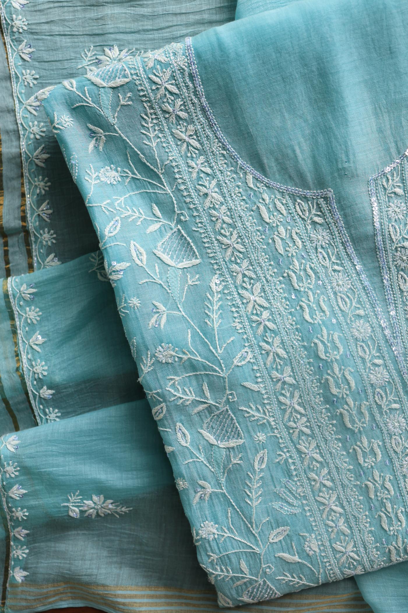 Blue Mal Chanderi Silk Chikankari With Sequins Unstitched Kurta Dupatta Set