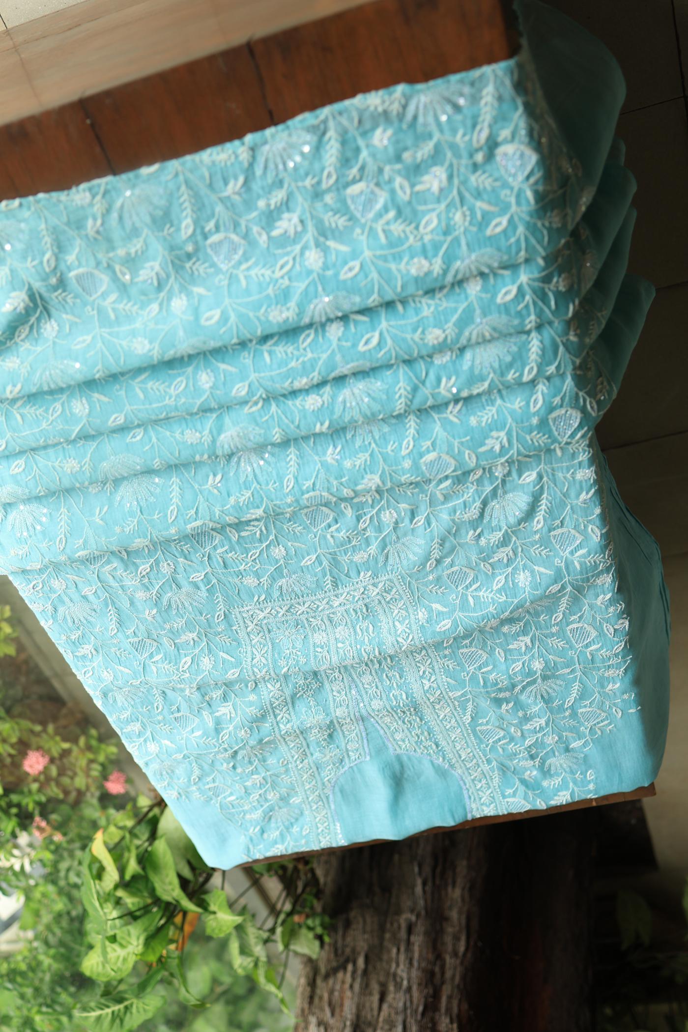 Blue Mal Chanderi Silk Chikankari With Sequins Unstitched Kurta Dupatta Set