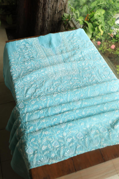 Blue Mal Chanderi Silk Chikankari With Sequins Unstitched Kurta Dupatta Set