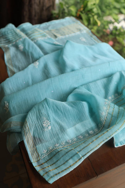 Blue Mal Chanderi Silk Chikankari With Sequins Unstitched Kurta Dupatta Set