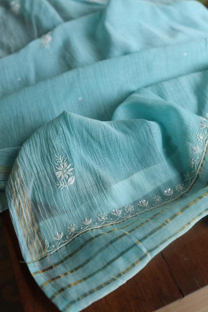 Blue Mal Chanderi Silk Chikankari With Sequins Unstitched Kurta Dupatta Set