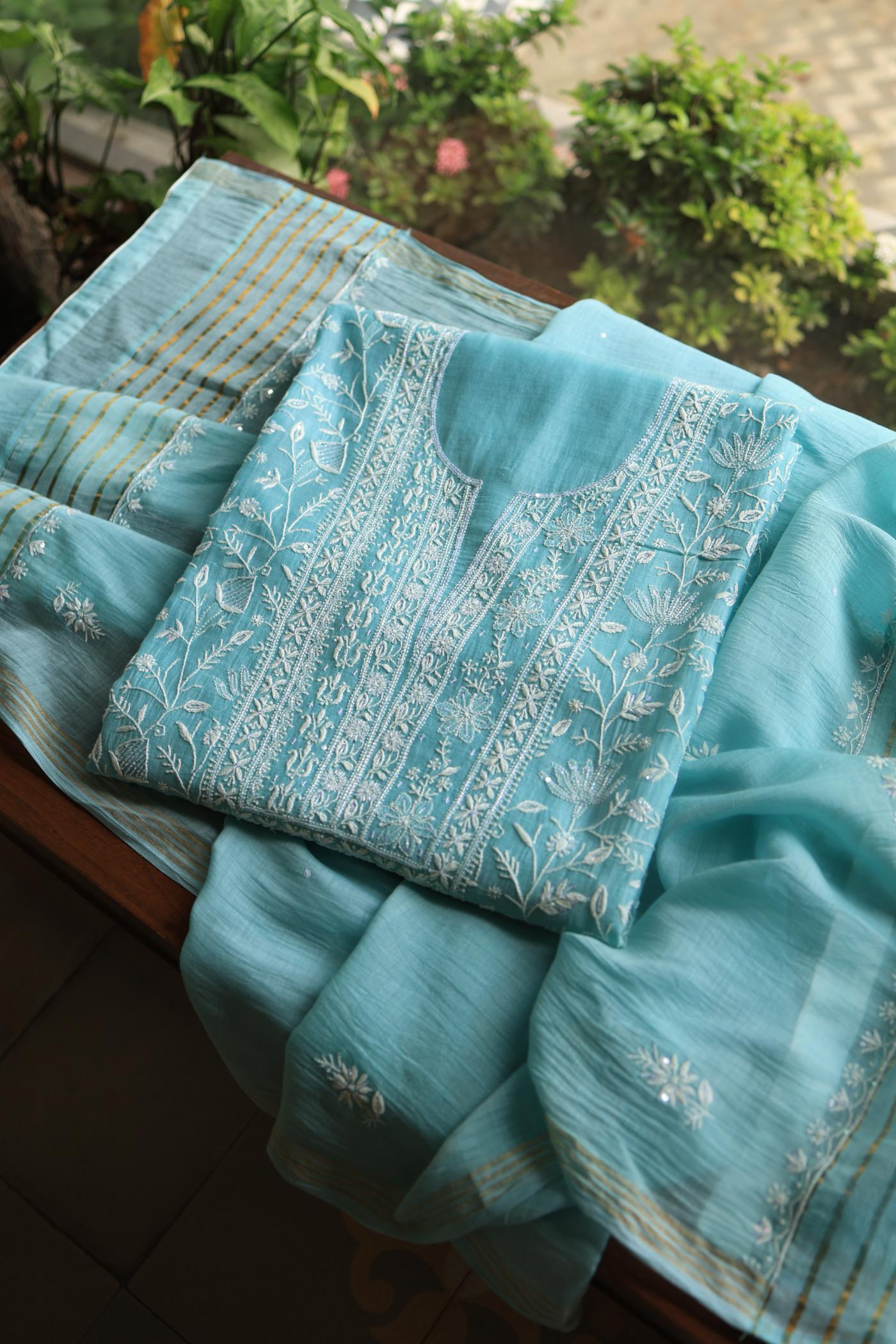Blue Mal Chanderi Silk Chikankari With Sequins Unstitched Kurta Dupatta Set