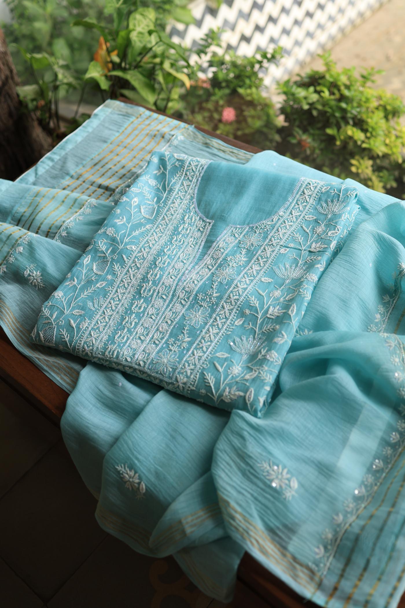 Blue Mal Chanderi Silk Chikankari With Sequins Unstitched Kurta Dupatta Set