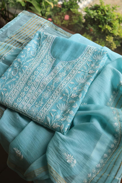 Blue Mal Chanderi Silk Chikankari With Sequins Unstitched Kurta Dupatta Set