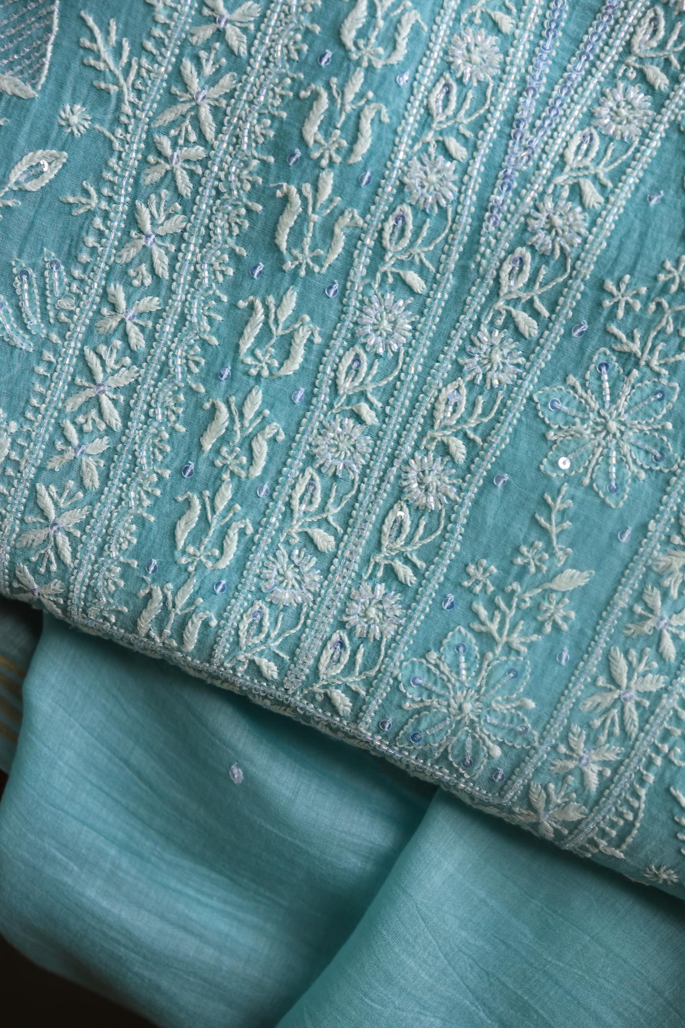 Blue Mal Chanderi Silk Chikankari With Sequins Unstitched Kurta Dupatta Set