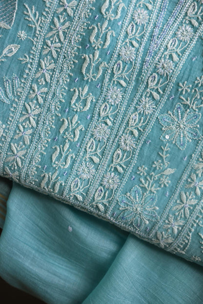 Blue Mal Chanderi Silk Chikankari With Sequins Unstitched Kurta Dupatta Set