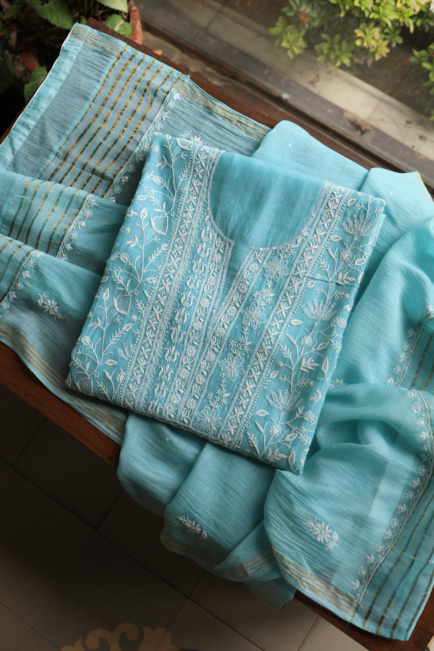 Blue Mal Chanderi Silk Chikankari With Sequins Unstitched Kurta Dupatta Set