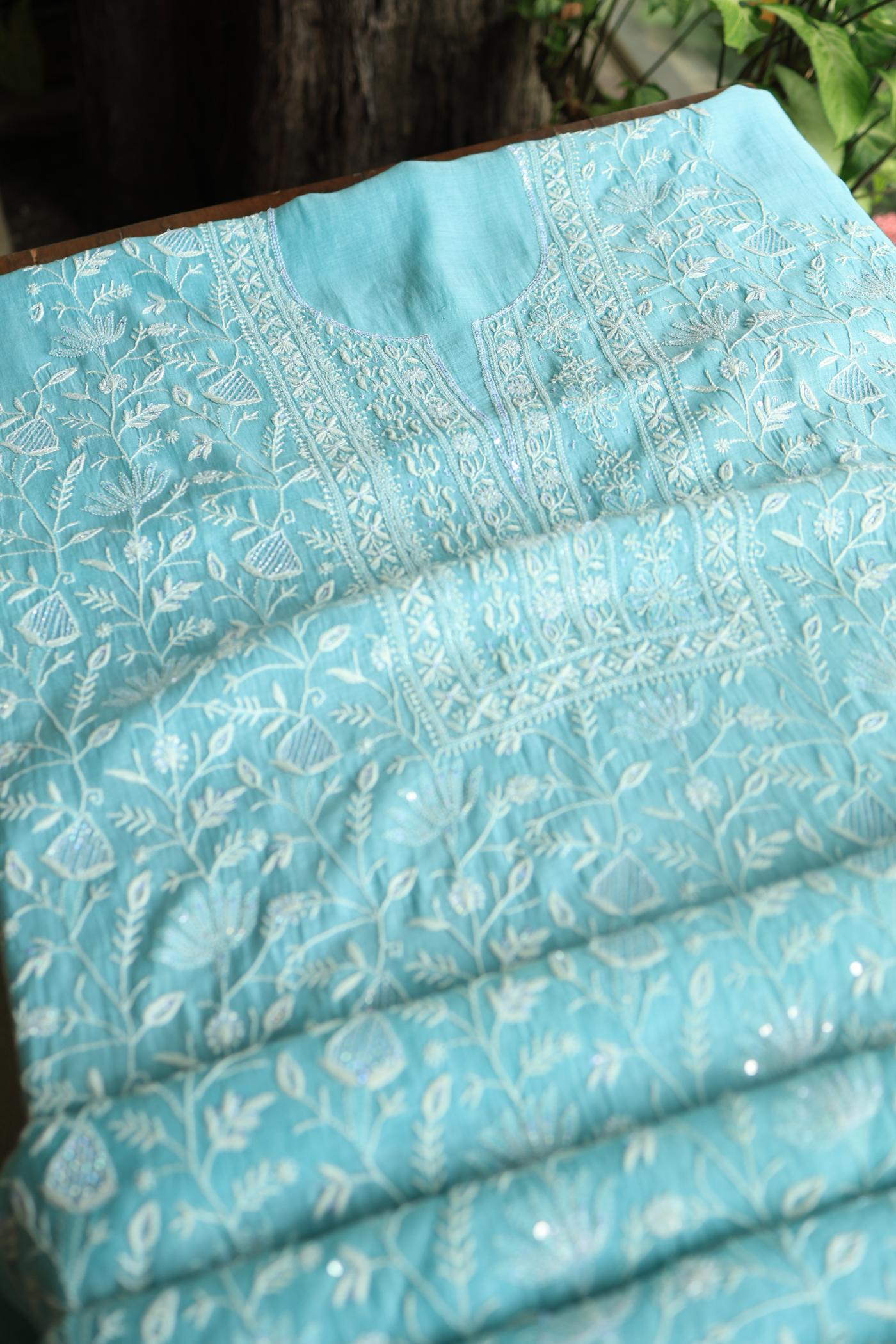 Blue Mal Chanderi Silk Chikankari With Sequins Unstitched Kurta Dupatta Set