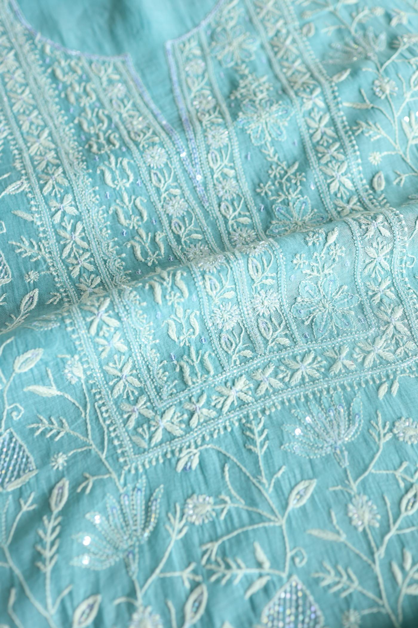 Blue Mal Chanderi Silk Chikankari With Sequins Unstitched Kurta Dupatta Set