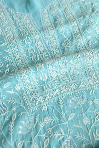Blue Mal Chanderi Silk Chikankari With Sequins Unstitched Kurta Dupatta Set