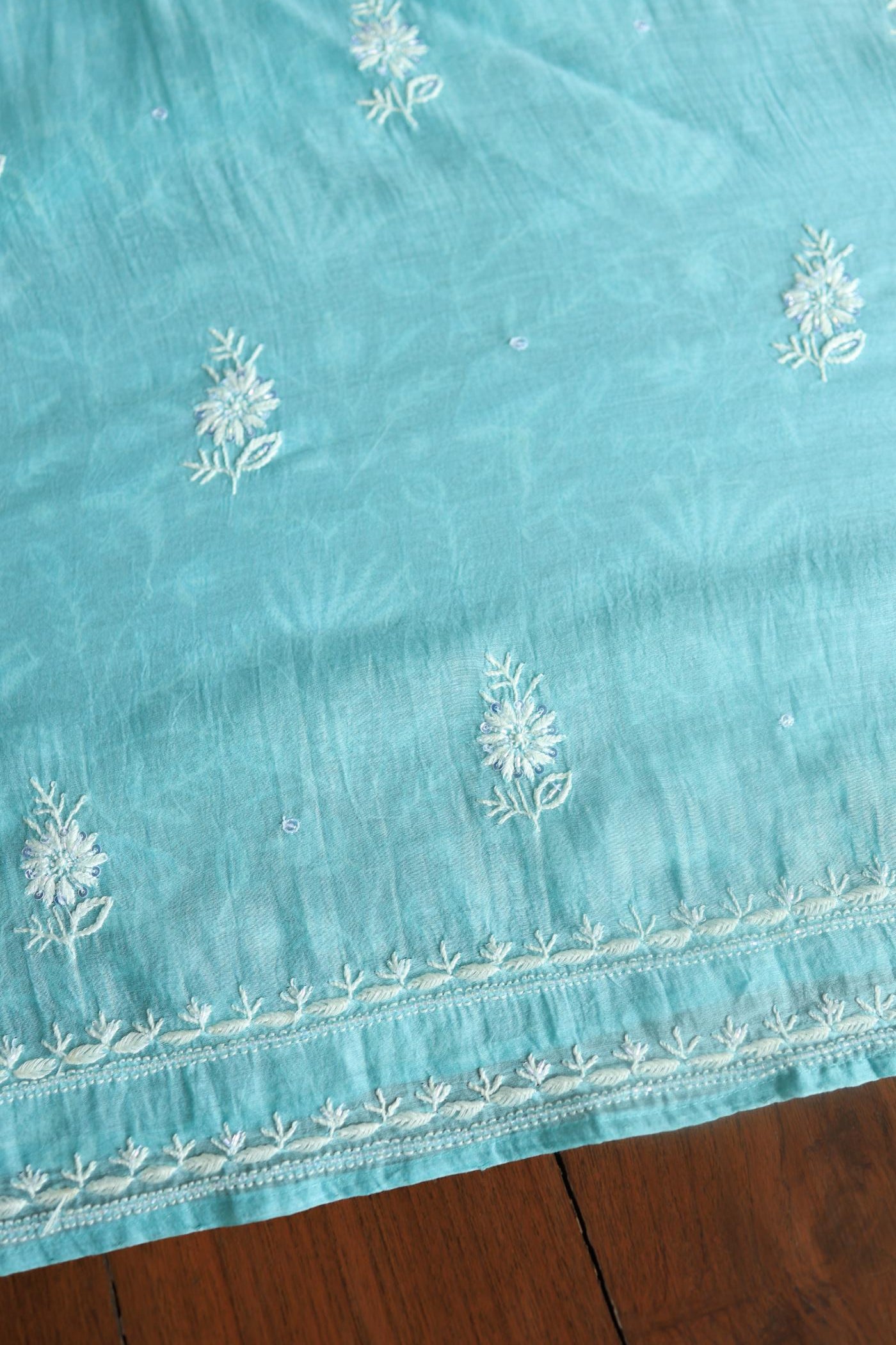 Blue Mal Chanderi Silk Chikankari With Sequins Unstitched Kurta Dupatta Set