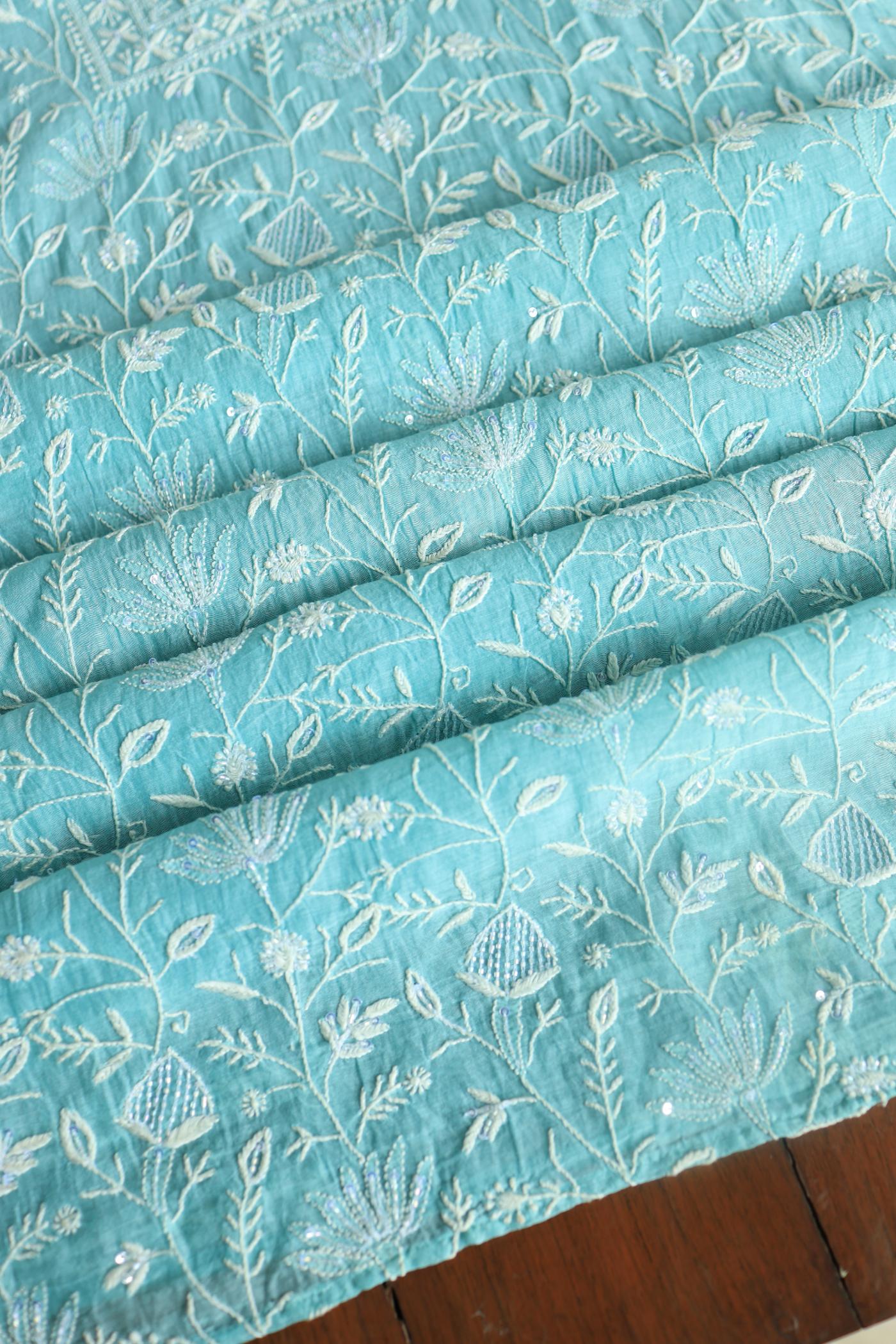 Blue Mal Chanderi Silk Chikankari With Sequins Unstitched Kurta Dupatta Set