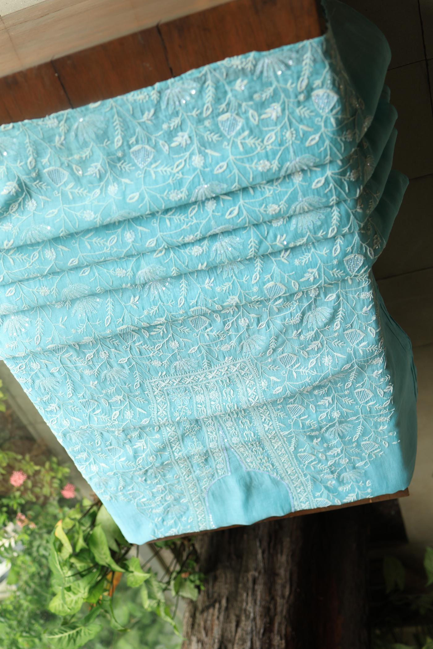 Blue Mal Chanderi Silk Chikankari With Sequins Unstitched Kurta Dupatta Set