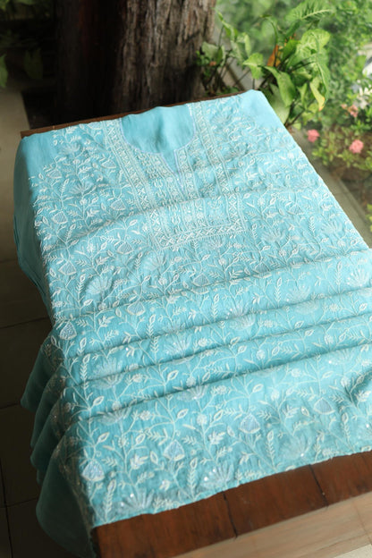 Blue Mal Chanderi Silk Chikankari With Sequins Unstitched Kurta Dupatta Set