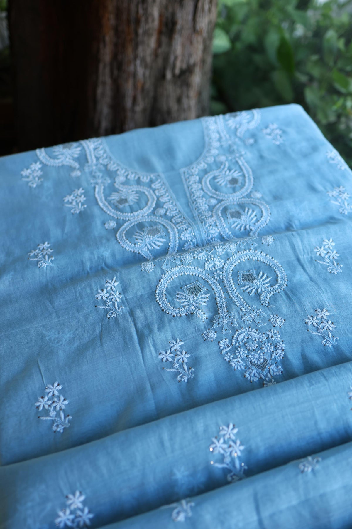 Blue Mal Cotton Chikankari Kurta & Dupatta Set with Mukaish Work