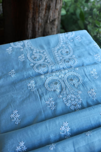 Blue Mal Cotton Chikankari Kurta & Dupatta Set with Mukaish Work