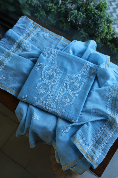Blue Mal Cotton Chikankari Kurta & Dupatta Set with Mukaish Work