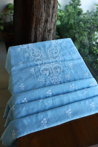 Blue Mal Cotton Chikankari Kurta & Dupatta Set with Mukaish Work
