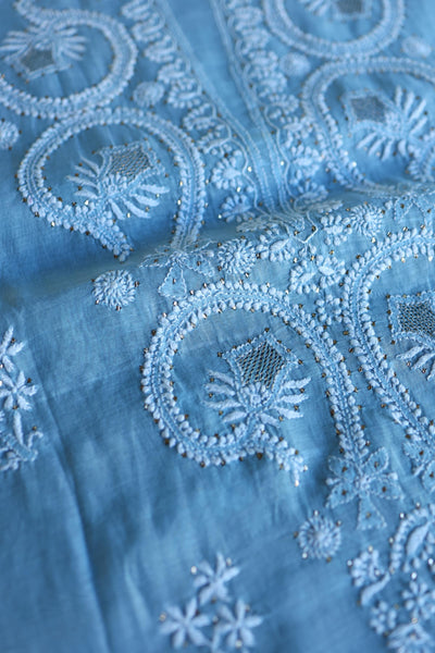 Blue Mal Cotton Chikankari Kurta & Dupatta Set with Mukaish Work