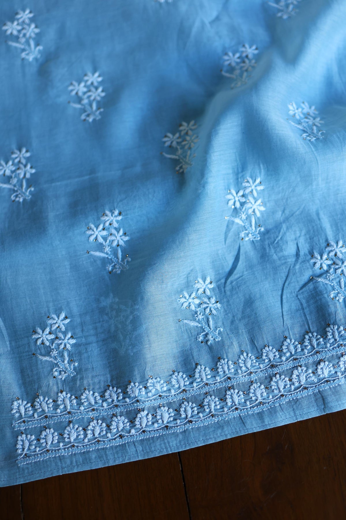 Blue Mal Cotton Chikankari Kurta & Dupatta Set with Mukaish Work