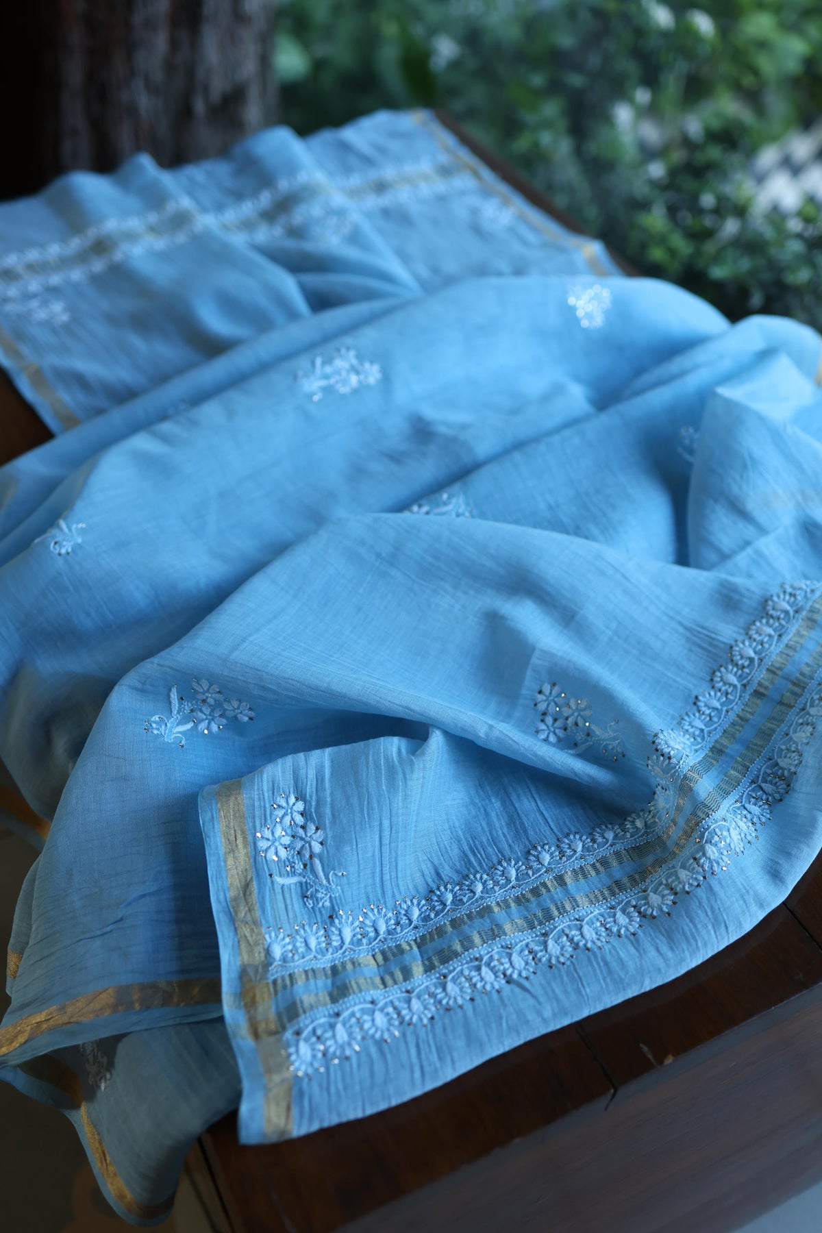 Blue Mal Cotton Chikankari Kurta & Dupatta Set with Mukaish Work