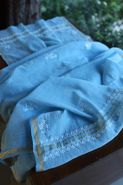 Blue Mal Cotton Chikankari Kurta & Dupatta Set with Mukaish Work