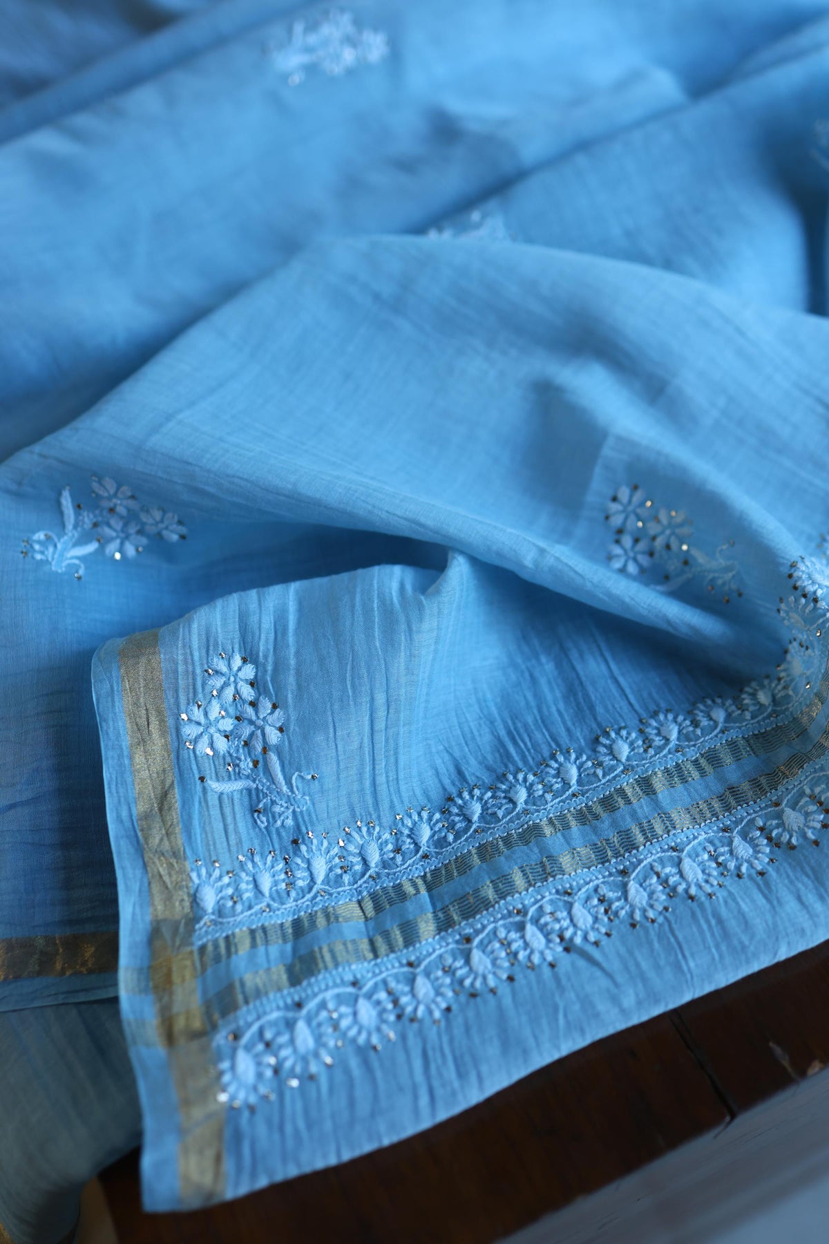 Blue Mal Cotton Chikankari Kurta & Dupatta Set with Mukaish Work