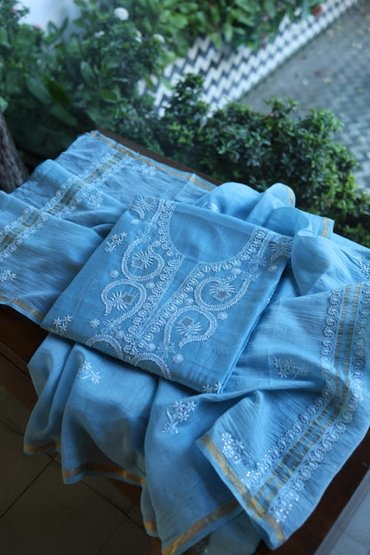 Blue Mal Cotton Chikankari Kurta & Dupatta Set with Mukaish Work