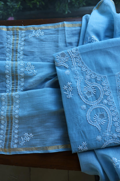 Blue Mal Cotton Chikankari Kurta & Dupatta Set with Mukaish Work