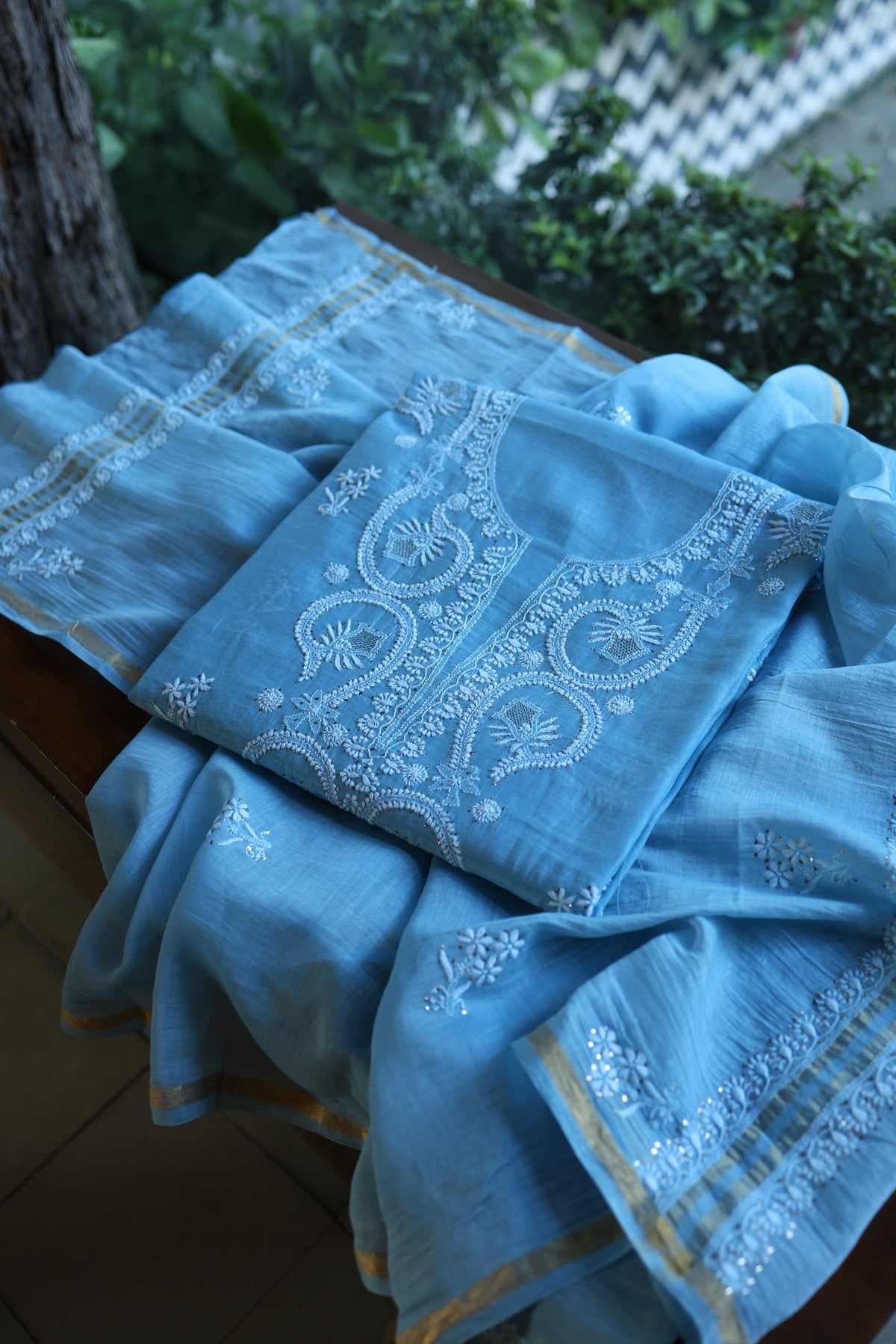 Blue Mal Cotton Chikankari Kurta & Dupatta Set with Mukaish Work