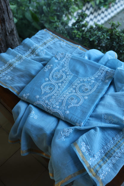 Blue Mal Cotton Chikankari Kurta & Dupatta Set with Mukaish Work