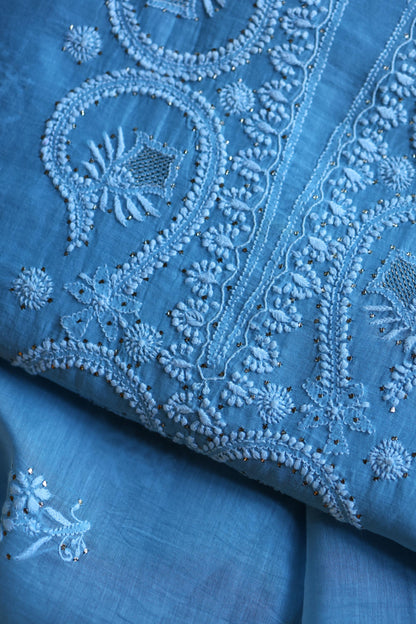 Blue Mal Cotton Chikankari Kurta & Dupatta Set with Mukaish Work