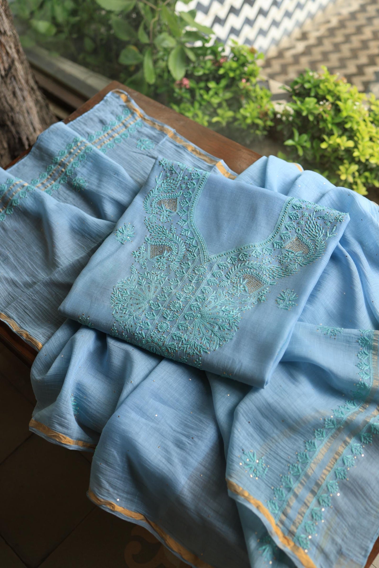 Blue Mal Cotton Chikankari Unstitched Kurta Dupatta Fabrics With Kamdani